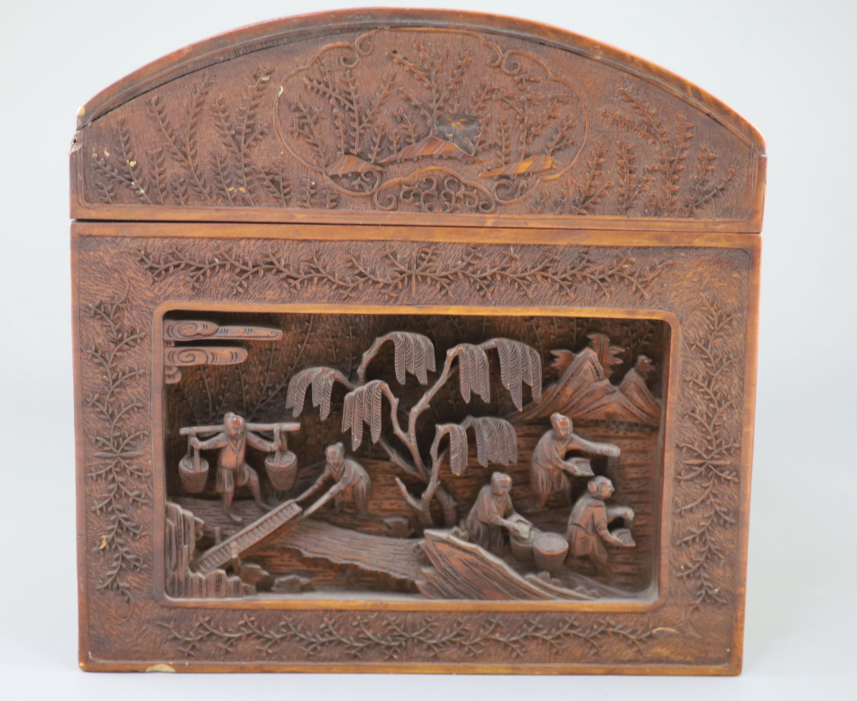 A large Chinese carved sandalwood box, 19th century, 40.5cm wide, Provenance - A. T. Arber-Cooke